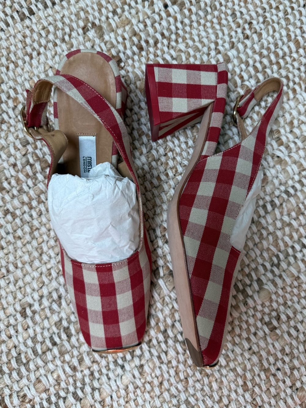 Miista Canar Red Gingham Slingback Block Heel Shoes 38 7.5